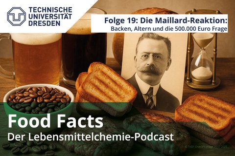 Eine Übersicht verschieder Lebensmittel bei denen die Maillard-Reaktion eine Rolle spielt sowie ein Bild von Louis Camille Maillard.