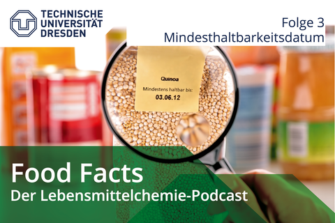 Frau nimmt Haltbarkeitsdatum unter die Lupe. Umrahmt mit Grafikelement des Podcasts FoodFacts der TU Dresden.