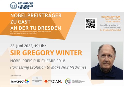 Plakat für den Vortrag "Harnessing Evolutions to Make New Medicines" von Sir Gregory Winter
