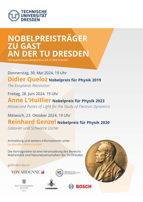 Werbeplakat für die Veranstaltungsreihe "Nobelpreisträger zu Gast an der TU Dresden"