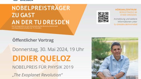 Folie mit Informationen zum Vortrag von Didier Queloz an der TU Dresden.