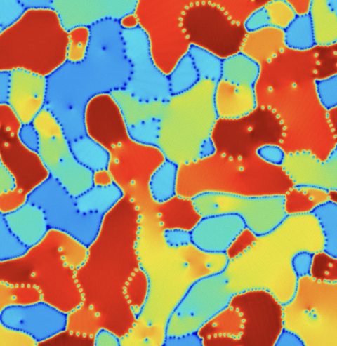 Darstellung einer Phasenfeld-Kristallsimulation, die die Mikrostrukturentwicklung eines Polykristalls in zwei Dimensionen wiedergibt. 