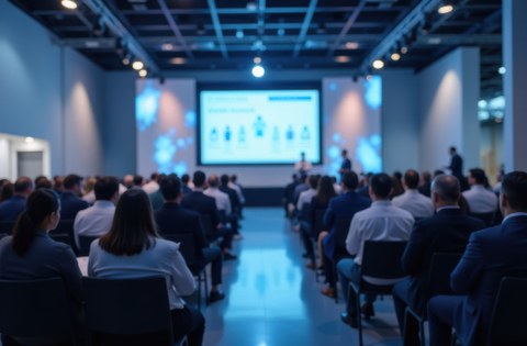 Ein gefüllter  Konferenzsaal mit Blick von hinten auf die Leinwand.