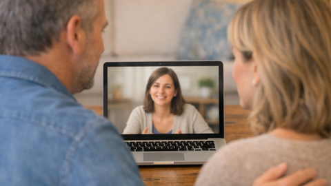 Ein Mann und eine Frau sitzen vor dem Bildschirm auf dem eine Frau zu sehen ist.