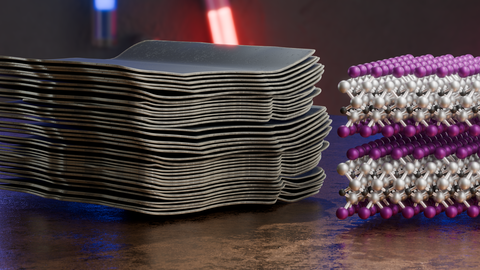 Kombination eines Modells aus einer Rasterelektronenmikroskop-Aufnahme (links) mit einem Ausschnitt der zugrunde liegenden Kristallstruktur eines untersuchten MXenes mit präzise kontrollierten Oberflächenabschlüssen.