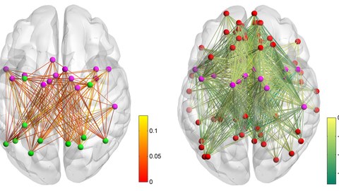 Increasing communication between the cingulo-opercular network and the dorsal attention network (left side), and decoupling of the default mode network from the cingulo-opercular network (right side) during short practice phases.
