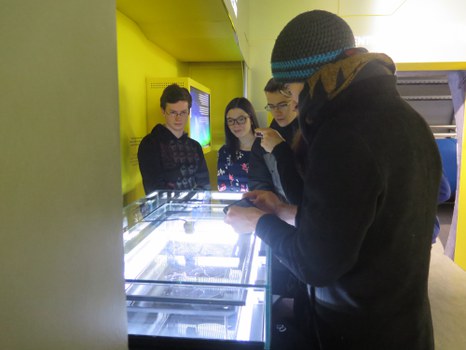 Eine Gruppe Studierender hat sich um eine hell erleuchtete Nebelkammer versammelt.