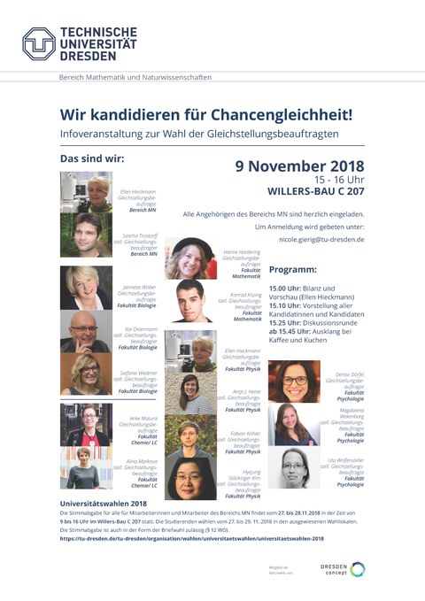 Veranstaltungsplakat für den 9. November mit allen Kanditatinnen und Kandidaten zur Wahl der Gleichstellungsbeauftragten des Bereichs MN