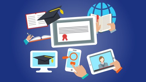 Das Bild zeigt grafische Abbildung von einem Tablet mit einem Video einer Lehrerin, ein Smartphone mit Lupe, ein Bildschirm mit Absolventenhut, Büchern, einem digitalen Zertifikat