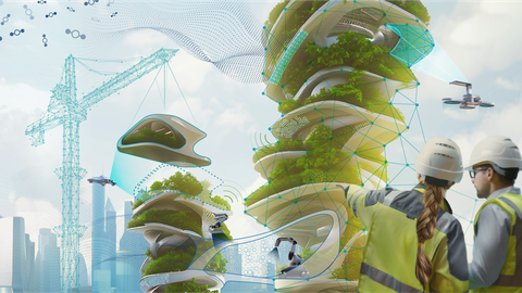 eine Baustelle der Zukunft: vernetzte Geräte wie Roboterarme, Kräne, Drohnen. modulare Gebäude mit verschiebbaren Wänden, starke Begrünung mit Pflanzen, fliegende CO2-Teilchen, die in die Baustoffe reintegreiert werden.