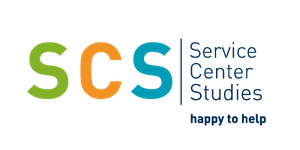 Logo of the Service Center Studies. Big S green, big C orange, big S blue, behind it a line is drawn from top to bottom, behind it stands Service Center Studies happy to help.