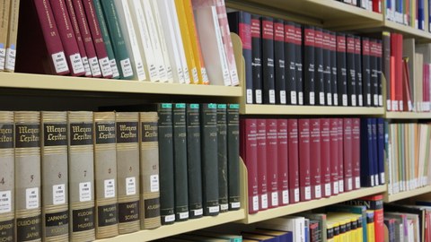 Das Foto zeigt ein Bücherregal, welches mit verschiedenen Buchbänden, aber auch einzelnen Büchern gefüllt ist.