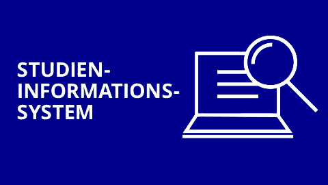 Grafik: weiße Schrift auf blauem Hintergrund "Studieninformationssystem", daneben ein Laptop mit Lupe