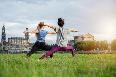 Foto zeigt zwei Personen von hinten, die an der Elbe Yoga machen.