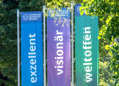 Foto von drei im Wind wehenden Flaggen vor dem Rektoratsgebäude in blau, lila und grün. Darauf steht "exzellent", "visionär" und "weltoffen".