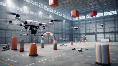 Visualisuerung von Flugversuchen mit Drohnen in der Versuchshalle des Smart Mobility Lab