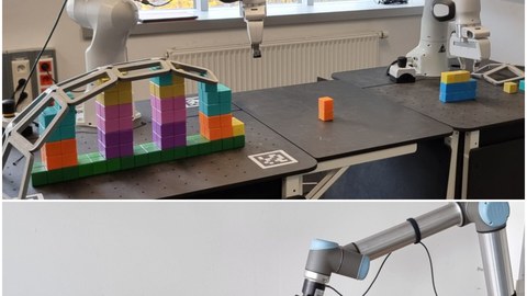 Bildkomposition mit zwei Roboterarmen, eine Brücke bauend.