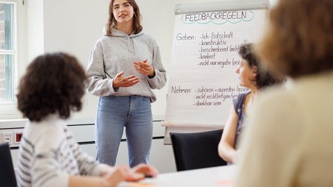 junge weibliche Person steht vor einer Flipchart mit Inahlten und erklärt etwas. Verwischt im Vordergrund sind Zuhörer:innen zu sehen.