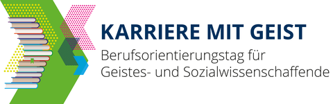 Logo der Veranstaltung "Karriere mit Geist". Links Grafik eines Bücherstapels und grüner Pfeil. Danaben Text "Karriere mit Geist. Berufsorientierungstag für Geistes- und Sozialwissenschaffende".