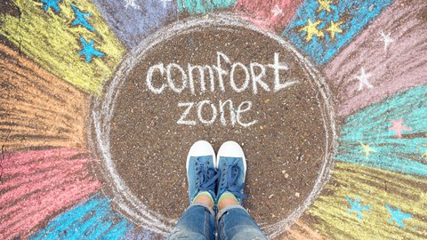 Straßenkreidebild - mit Regenbogen:"Comfort zone"