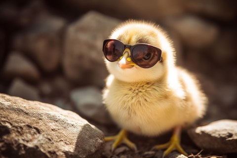 Niedliches Frühlingsküken mit cooler Sonnenbrille in einer ländlichen Umgebung. Generative KI