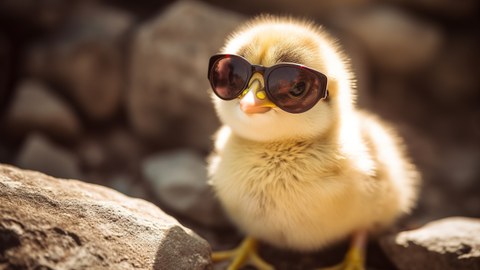 Cute spring baby chick wearing cool sunglasses in a rural setting. Generative AI