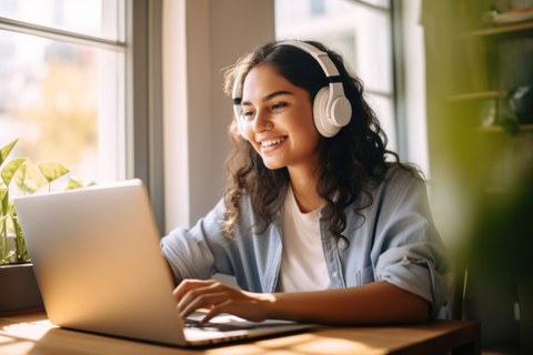 Young woman school college student wear headphones learn watching laptop computer learning.