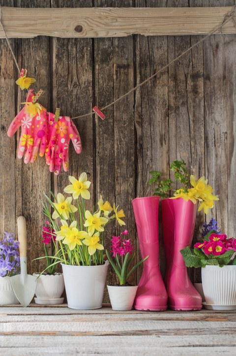 Gummistiefel mit Frühlingsblumen vor Holzwand