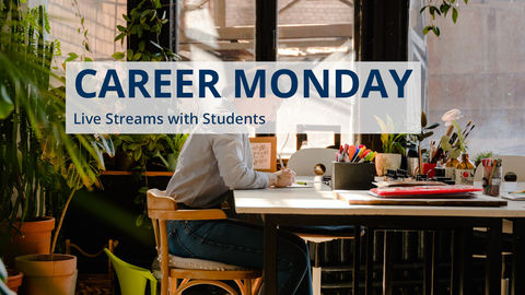 student sits in apartment in front of her laptop at desk: Career Monday Live Streams with employers