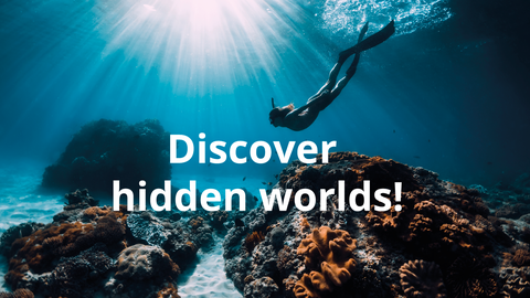 Woman freediver with fins underwater. Freediving and beautiful light in ocean;  Text: "Discover hidden worlds!"