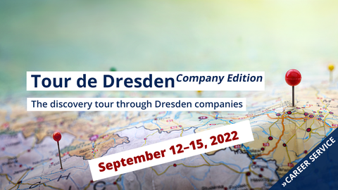 Tour de Dresden - Company Edition The discovery tour of Dresden companies by Career Service. Map with red pin as graphic and a blue corner with the Career Service logo at the lower right corner.