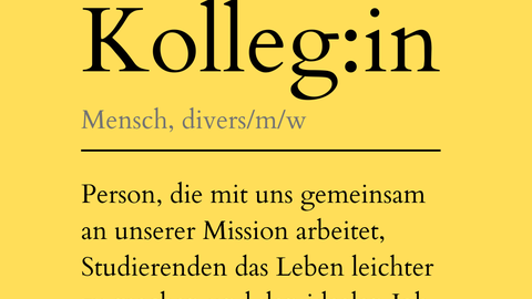 Text: "Kolleg:in, Mensch, divers, m, w. Person, die mit uns gemeinsam an unserer Mission arbeitet, Studierenden das Leben leichter zu machen und den idealen Job zu finden" auf gelbem Hintergrund