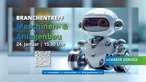 Branchentreff Maschinen- und Anlagenbau, 24.1.2024, 3.30 p.m., register, take part, win an iPad; Background: robot in modern industry, banner with copy space, photorealistic, made with Generative AI