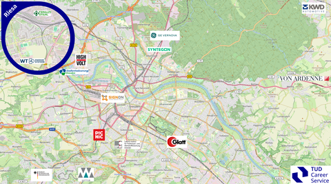 Übersichtskarte der Stadt Dresden mit den Logos der Unternehmen der Tour de Dresden 2026