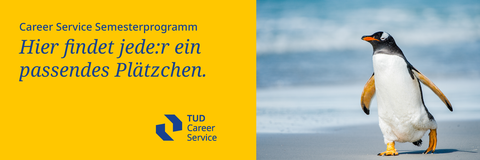 laufender Pinguin; "Career Service Sommersemesterprogramm - Hier findet jede:r ein passendes Plätzchen". Career Service Logo