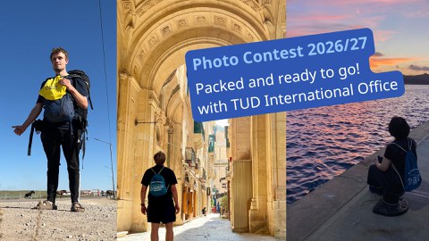 Three photos of TUD students. One is hitchhiking on the street, one is walking through a bright archway in a Mediterranean-style alley, and one is sitting by the water at sunset. All are wearing a backpack from the International Office.