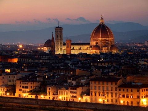 city panorama of Florence and the Duomo at nightfall