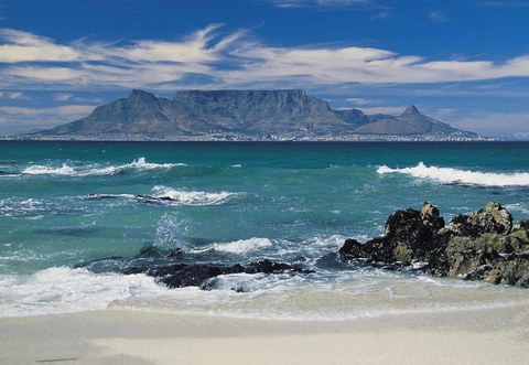 View across the sea towards Cape Town's Table Mountain