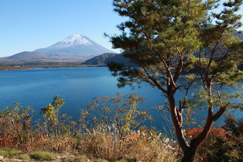 Berg Fuji im Hintergrund einer Seenlandschaft