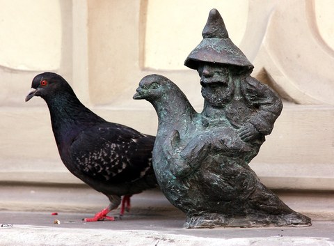 Statue eines taubenreitenden Zwergs, daneben eine echte Taube