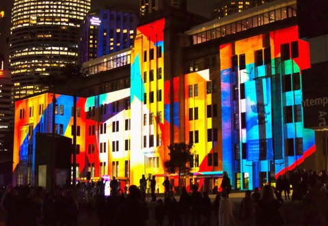 a building lit up colourfully