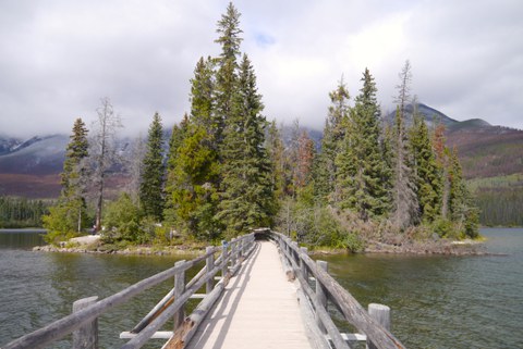 Bewaldete Insel auf einem See, zu der eine Brücke führt