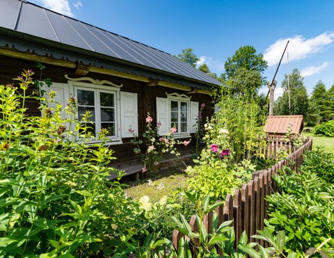 Litauisches Holzhäuschen mit weißen Fensterrahmen und Garten