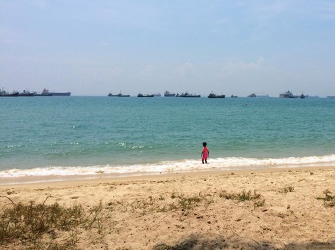 sonnige Strandszene mit blauem Wasser, einem kleinen Jungen am Wasser und Schiffen am Horizont