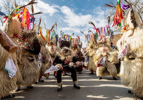 People dressed up as fur monsters dancing