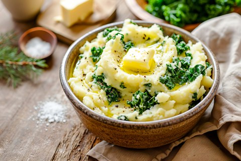 A bowl full of mashed potatoes with some kale and melting butter on top 