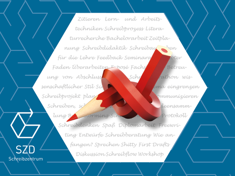 The graphic shows a red pen in the middle, which is knotted. It lies in a white-coloured hexagon in which various types of text are written. To the left: the logo of the Writing Centre (SZD). Behind it: a blue labyrinth.