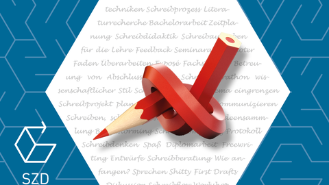 The graphic shows a red pen in the middle, which is knotted. It lies in a white-coloured hexagon in which various types of text are written. To the left: the logo of the Writing Centre (SZD). Behind it: a blue labyrinth.