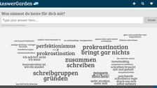 Ein AnswerGarden als Brainstorming zum Abschluss des Schreibstart-Vormittags zurs Frage "Was nimmst du heute mit?"