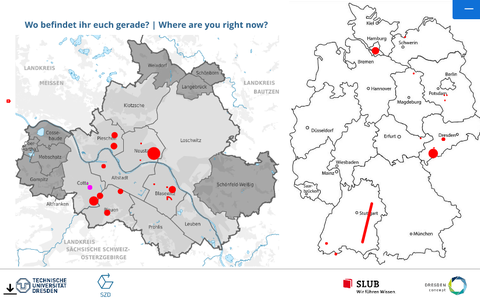 Eine Whiteboardfolie, in die Teilnehmende die Orte eingetragen haben, an denen sie sich in Dresden bzw. Deutschland befinden.